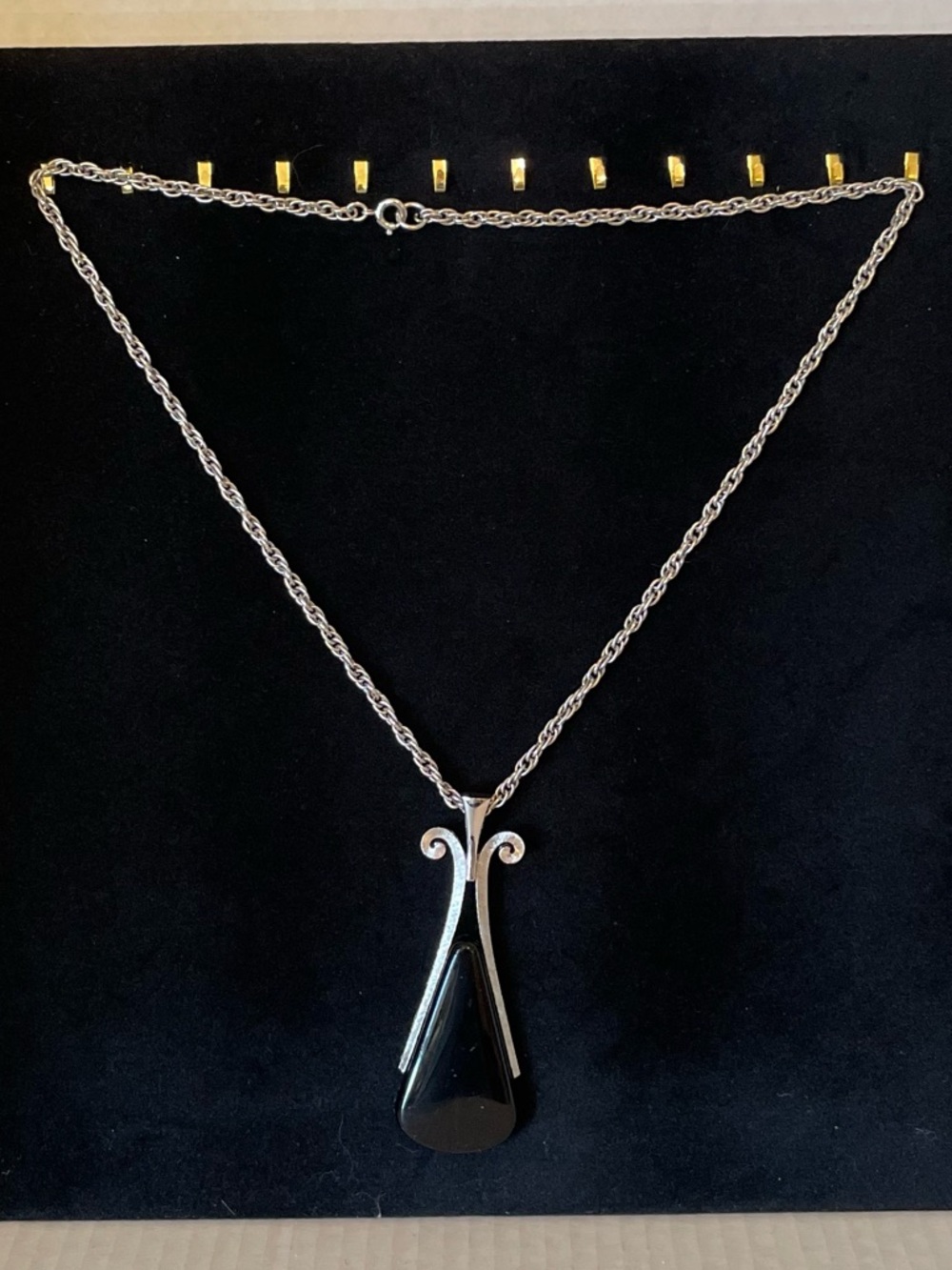 Vintage Silver Teardrop Black Onyx Style Pendant Necklace -